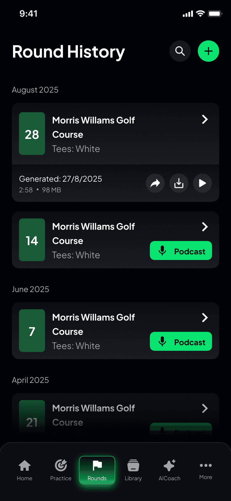 Post-round podcast generation screen in GolfGoose